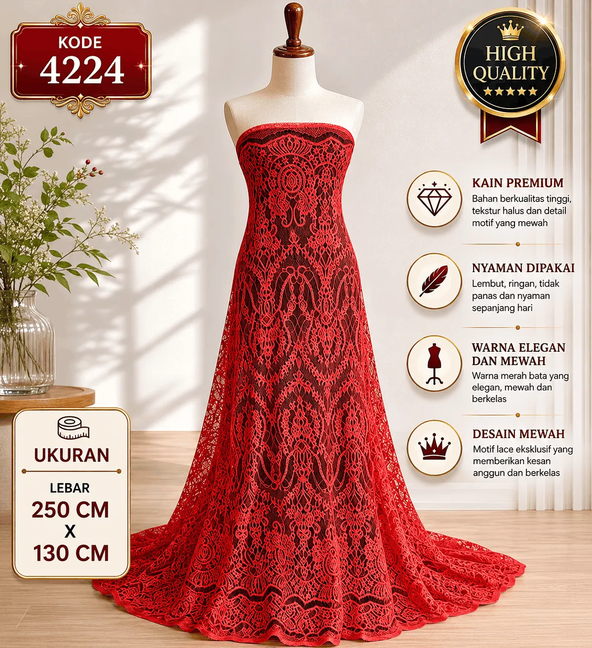 PANEL BRUKAT 2.7 M X 1.5 M KODE 4224 LIGHT GOLD — BRUKAT 3D FLAT LACE GRADE A